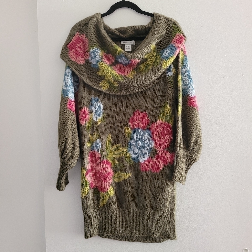 Newport News green floral cowl neck oversized sweater dress size S